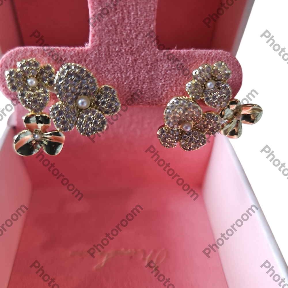 Mia Sarina Fine Silver Plated Woman Gold Color Floral Rhimestone Pearl  Earrings